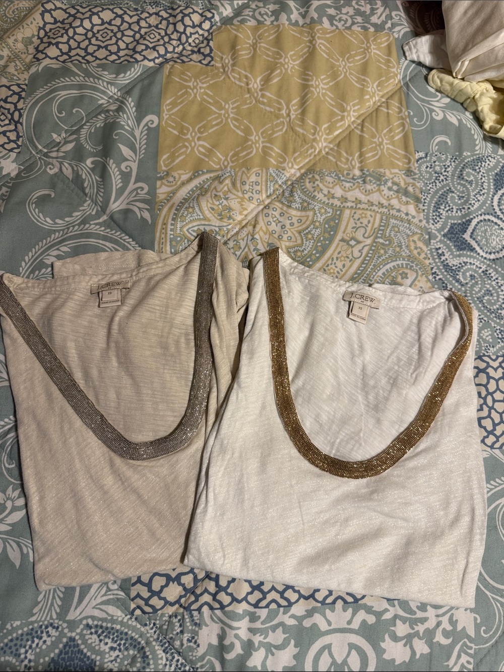 J. Crew Set of Women's Scoop Neck Tanks with Metallic Trim - White & Beige